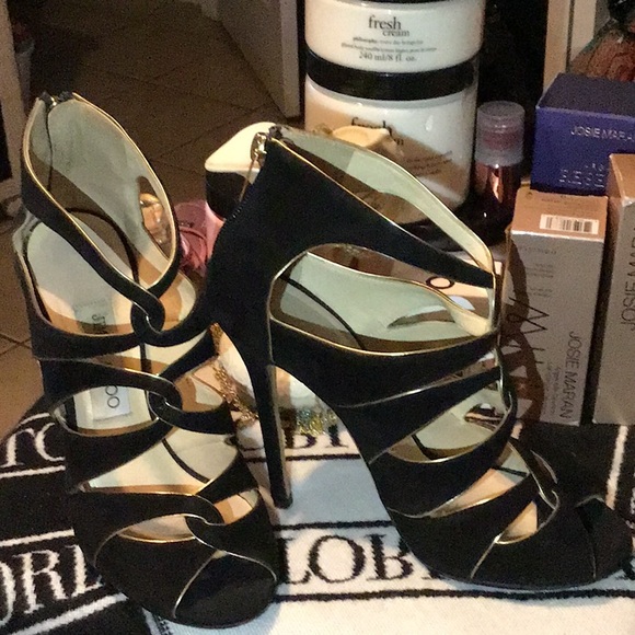 JIMMY CHOO BLK/GOLD SUEDE STILETTOS EUC
